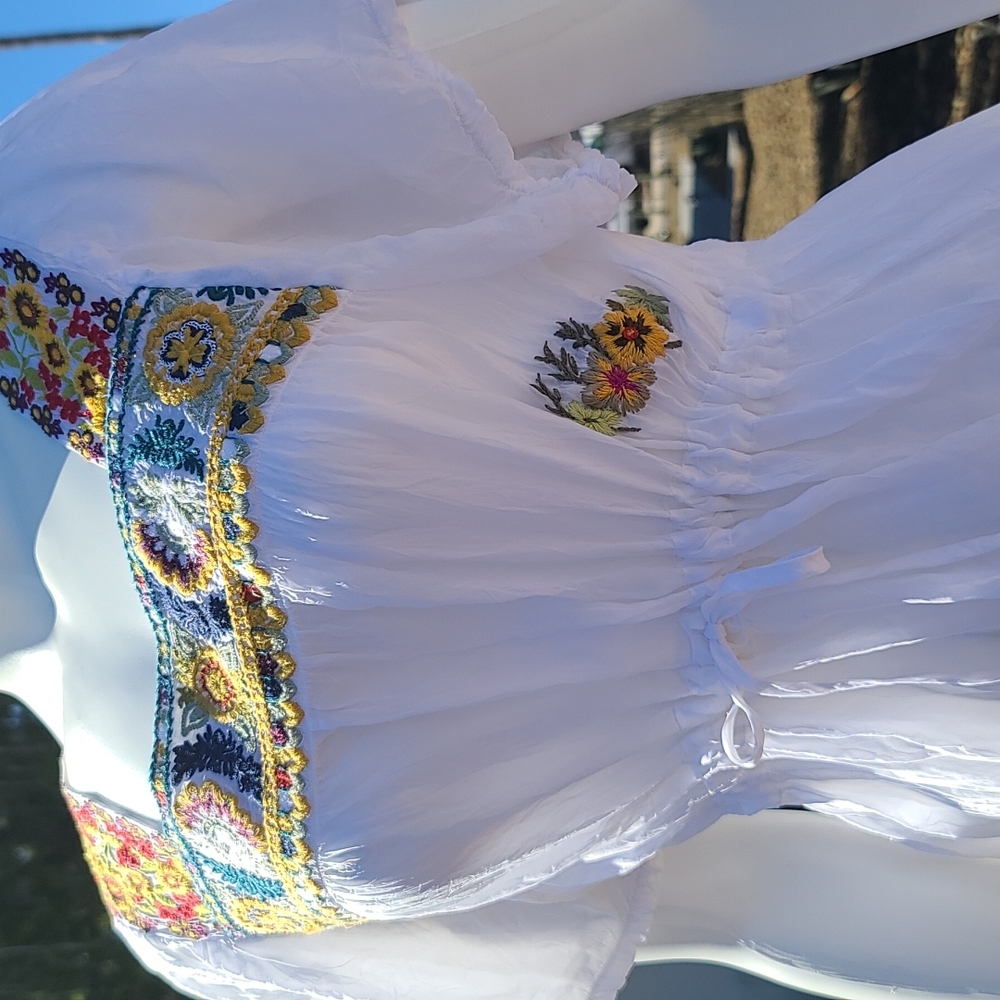 JOHNNY WAS ANTHRO White Embroidered Cotton Mini Dress M Boho Cover Up Mexico - Picture 8 of 17